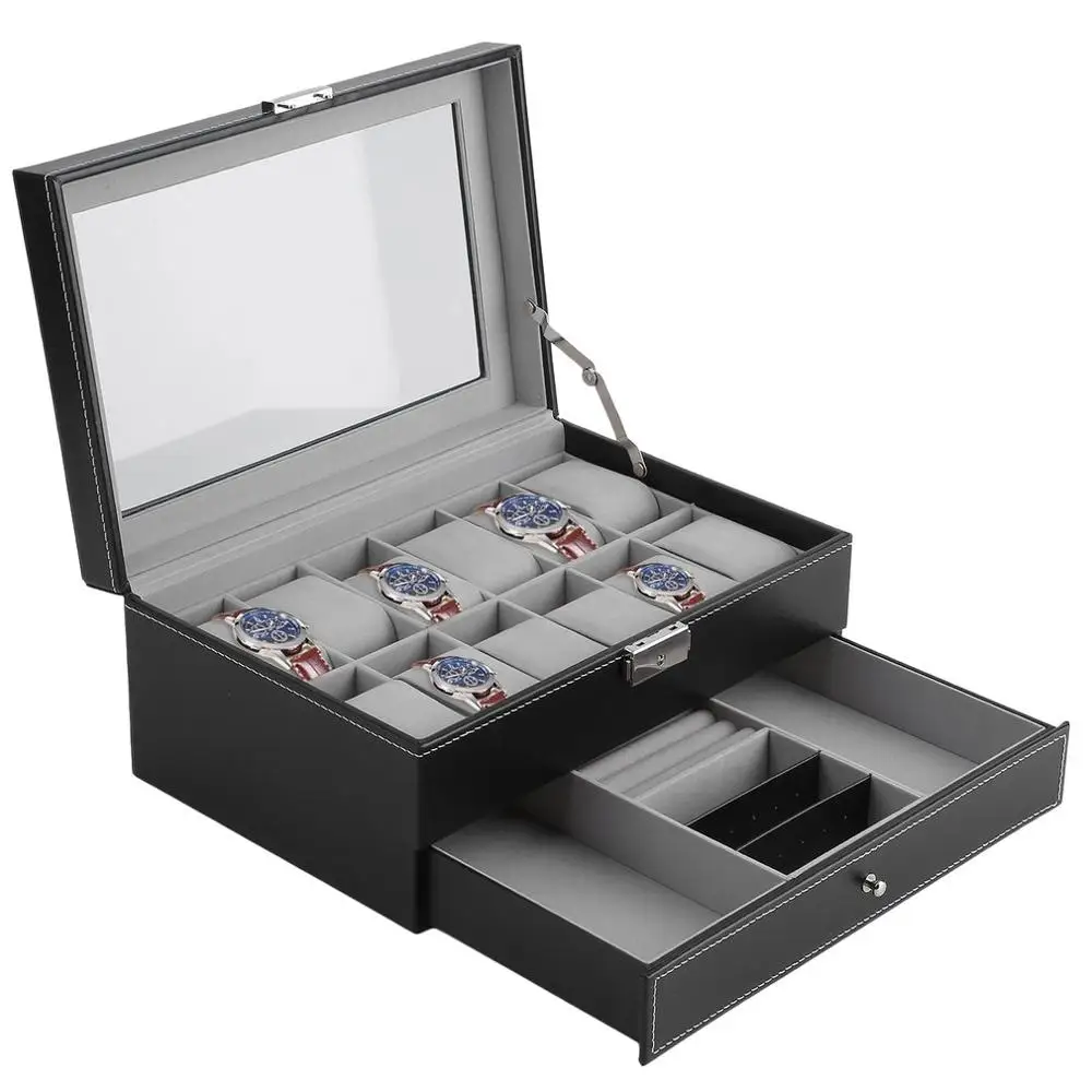 

12 Grids Watch Box Watch Case Jewelry Display Case Storage Box Organizer Watch Organizer Dual Layer Glass Top Collection Holder