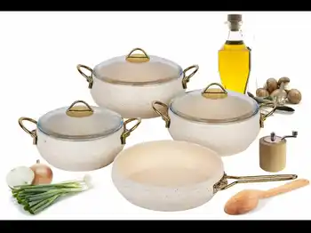 

Cookware Set 4 piece Granite Stew Pot White Gold Handle Made in Turkey
