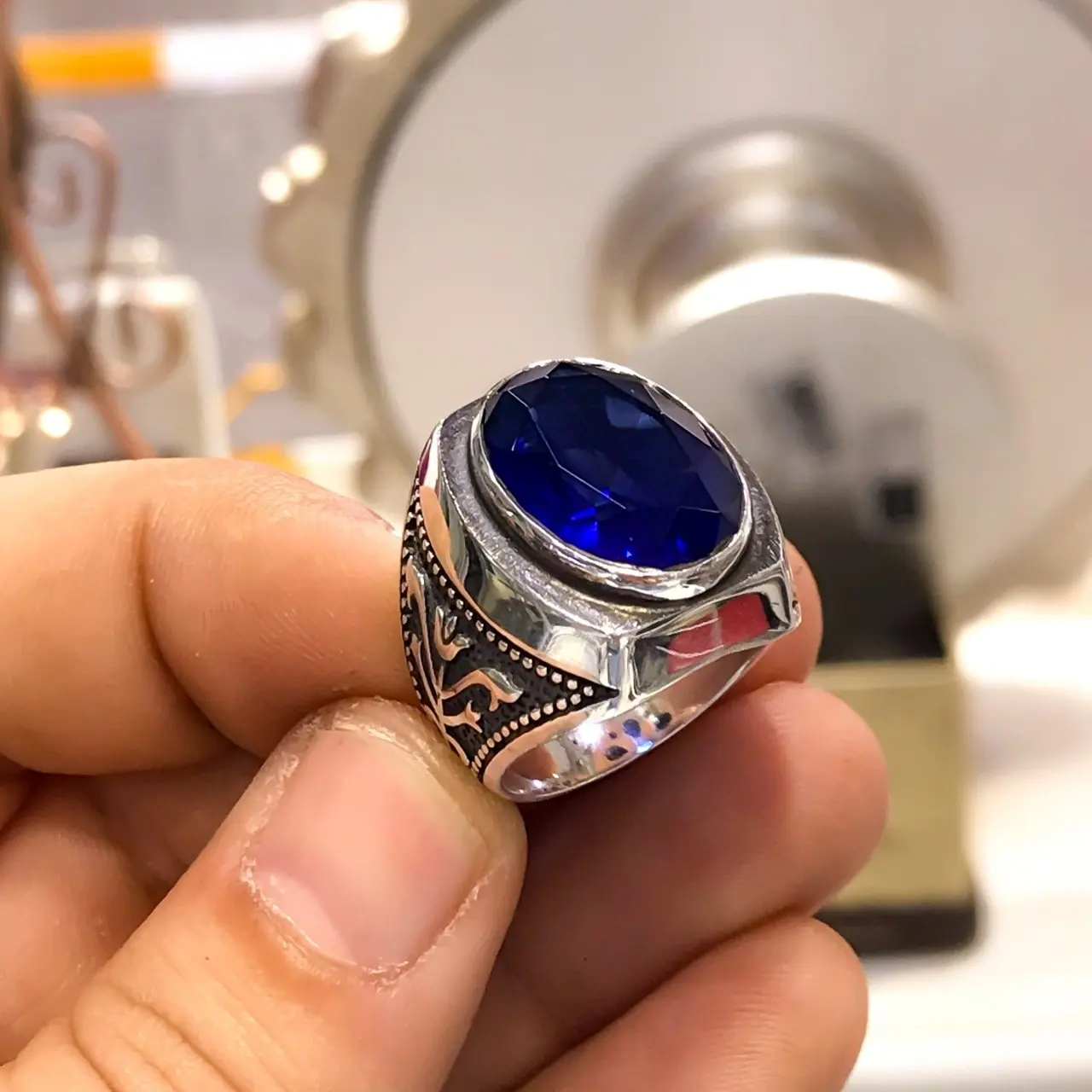 

Knight Case Sapphire Navy Blue Silver Men 'S Ring