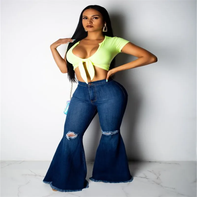 Women's Wide Leg Jeans High Waist Denim Blue Color Female Flare Ripped Jeans Vintage Style Summer Casual Pants Jeans For Women