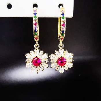 

E180 Exquisite hoop Earring Flower-shaped Ruby Earrings 925 Sterling Silver Multi-color Zircon Earring For Women 14K Gold Plated