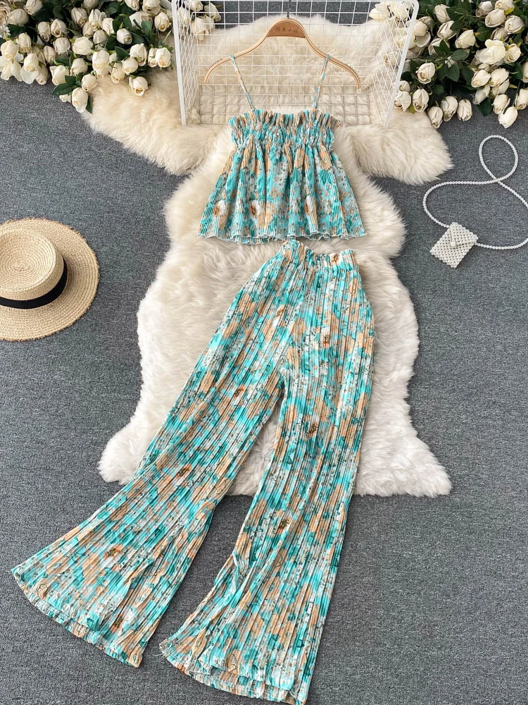 Women Summer Casual Floral Print Pants Set Sexy Sleeveless Strap Short ...