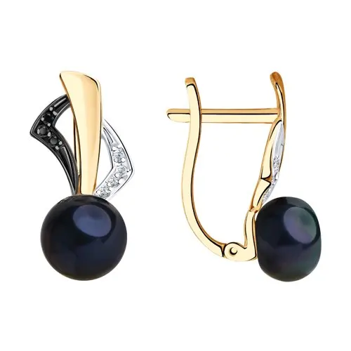 Earrings SOKOLOV gold with black pearls and cubic zirkonia