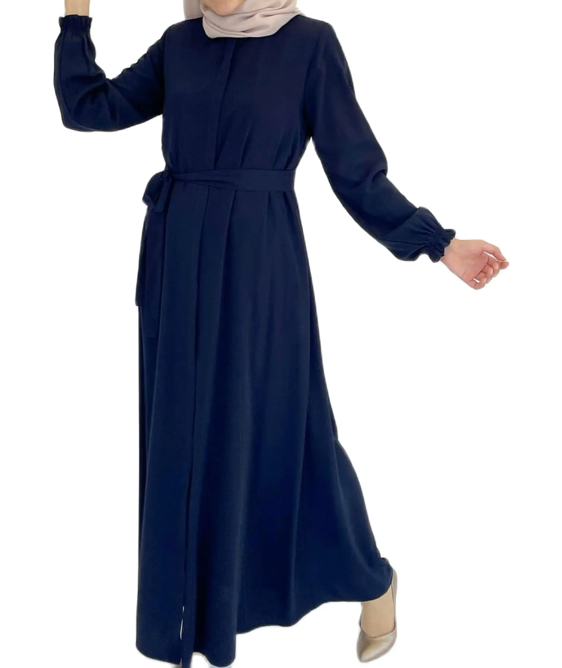 

Turkish Women Muslim Ferace Portable Belted Hidden Zipper Pocket Abaya 2021 New Season First Grade Soft Crepe 145 cm long