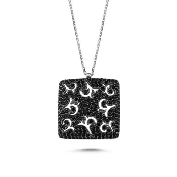 

Angemiel 925 Silver Openwork Pattern Black Zircon Cubic Zirconia Square Ghost Pendant-Rhodium Plated
