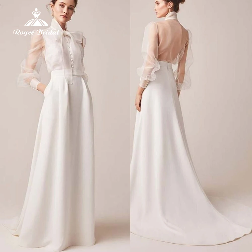 

Роскошное Свадебное платье Roycebridal с бантом из органзы, а-силуэт, атласное свадебное платье, с длинным рукавом-крылышком, на пуговицах, свадебное платье до пола
