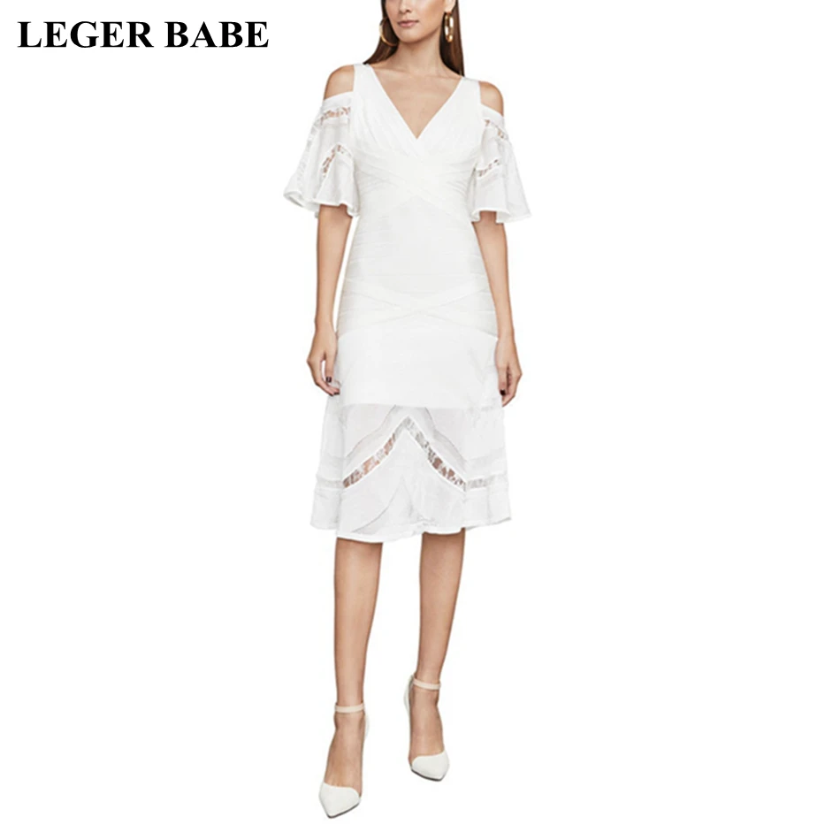 LEGER BABE осень с открытыми плечами для женщин, из искусственного шелка Бандажное платье белое кружевное платье с расклешенными рукавами, Вечеринка платье Высокое качество