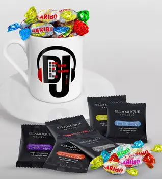 

Personalized DJ Turkish coffee Cup Selamlique Mixed Turkish Coffee House and Haribo Candy Gift Seti-1