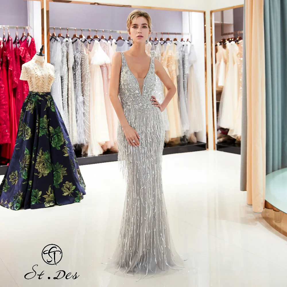 

NEW 2020 St.Des Mermaid V-neck Russian Sliver Tassel Beading Sleeveless Designer Floor Length Evening Dress Party Dress