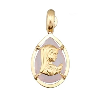 

18k gold pendant Virgin Girl 14mm. Stone Teardrop 12x8 Pink