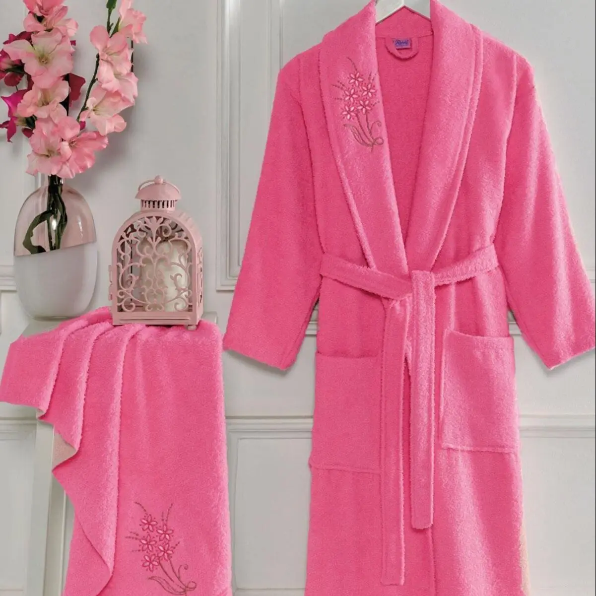 2 Pcs Luxury Soft Cotton Purple Bathrobe Set For Women 1 Bathrobe 1 Head Towel Bathrobe Set Nightrobe Sleepwear Home Wear Turkey
