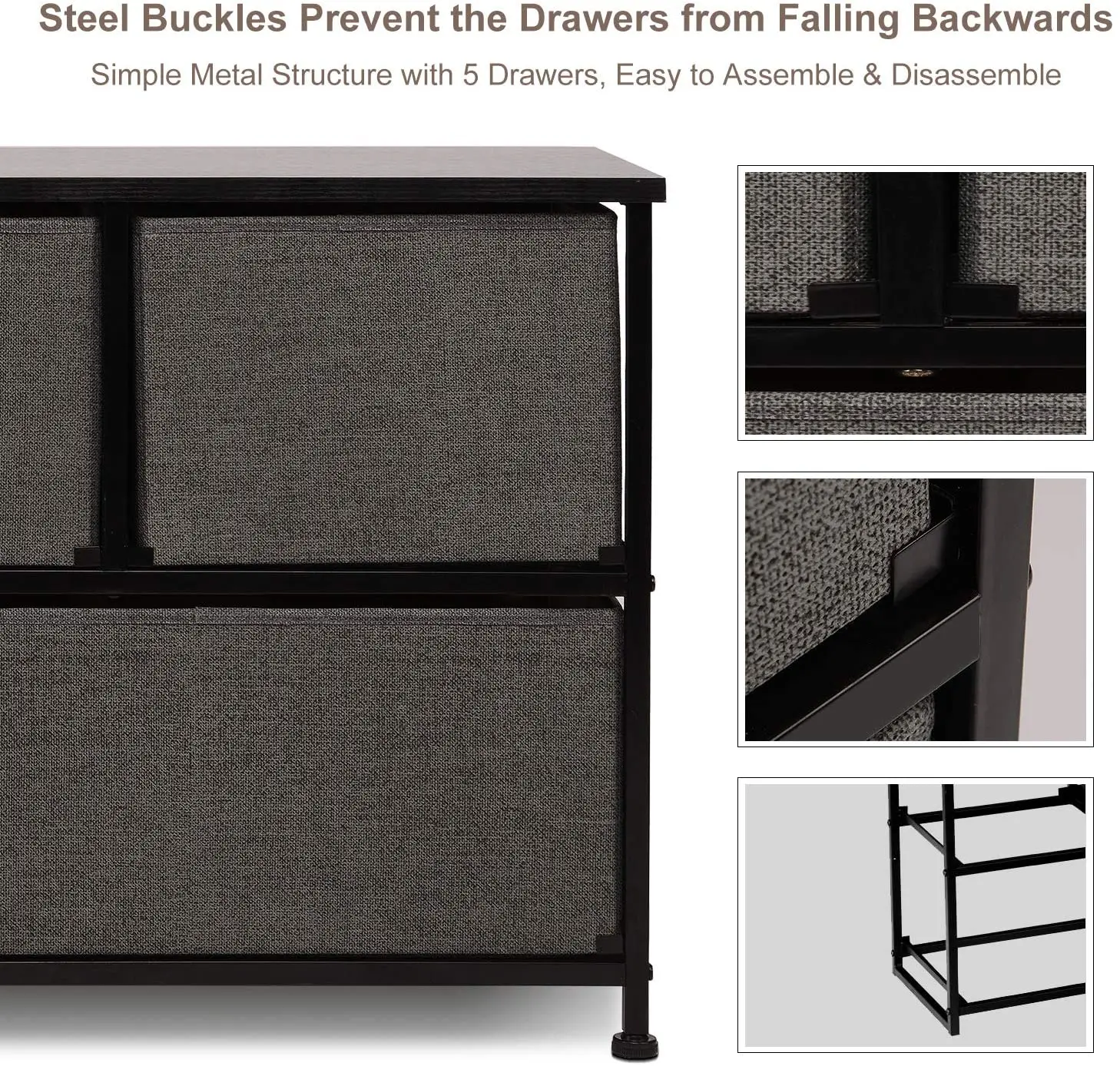 US $59.99 Amolife Wide Dresser Storage Tower with 5 Fabric Drawers Organizer Unit for Bedroom Hallway Nursery Closet Dark Gray