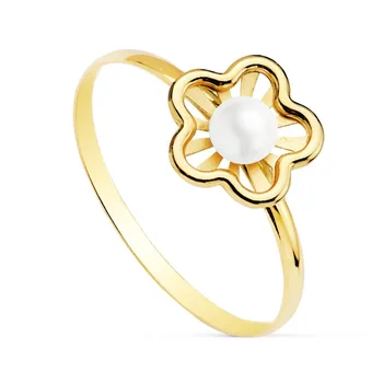 

18k solid gold ring girl detail flower Pearl Center 3mm. Bands smooth openwork