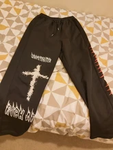 QWEEK-pantalones de pierna ancha estilo Punk Hippie para mujer, ropa de calle Harajuku gótico, estilo de calle de Anime, estampado gótico negro, Hip Hop