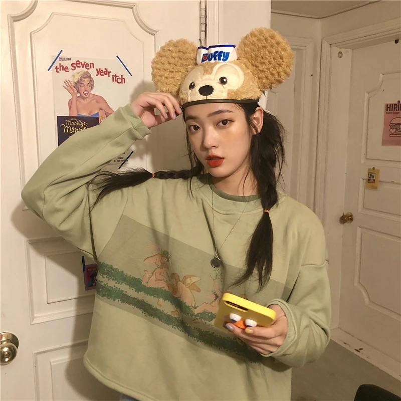 Ангелы мультфильм печати Harajuku Осень и зима толстый женский укороченный свитер корейский стиль свободный негабаритный пуловер