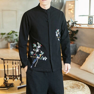 Китайский стиль льняные рубашки для мужчин плюс размер 5XL Повседневная Вышивка узор мягкие Топы Рубашки мужские Camisa masculina B375-C42 - Цвет: Черный