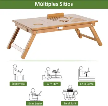 Mesa de bambú para portátil Max Star, 100 % natural, ecológica, plegable, bandeja de desayuno, altura e inclinación ajustables, mesa de escritorio plegable, un cajón, 55 x 35 x 22-30 cm, mesa multifuncional.