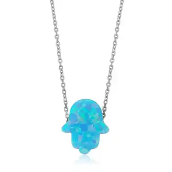 

KUTAYDAN 925 Sterling Silver Blue Opal Fatma Hand Lady Necklace