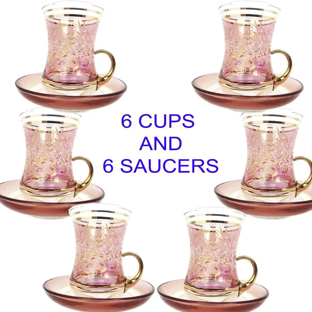 Vissmarta Vintage Turkish Tea Glasses Cups Saucers Set of 6 for