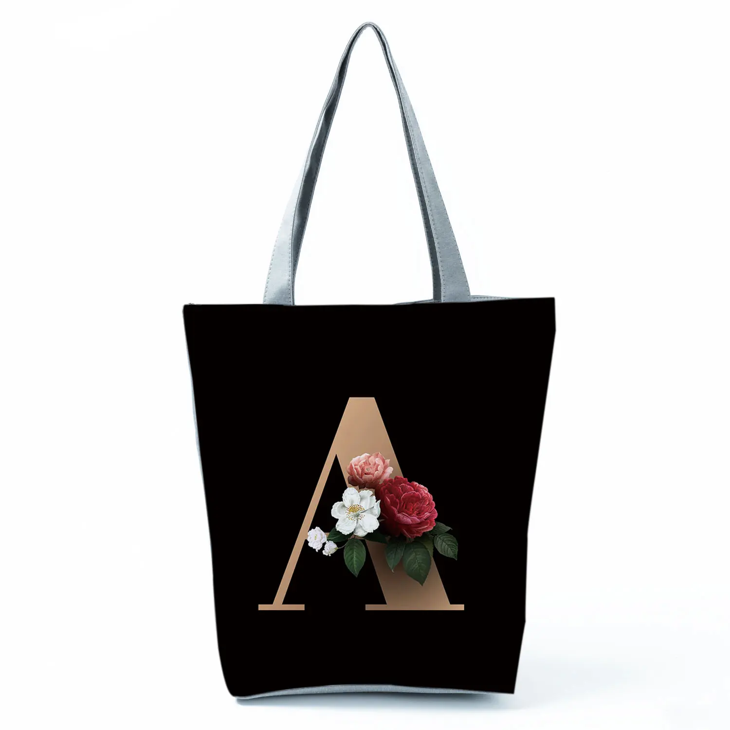 Gold Letter Floral Printing Black Shopping Bag Ladies All-match Handbag Foldable Shopper Harajuku Style Bag Eco Student Tote Bag