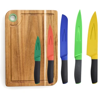 

Set 5 kitchen knives with cover/protector and cutting board 33x23x1.5cm Wood de acacia Casa Benetton