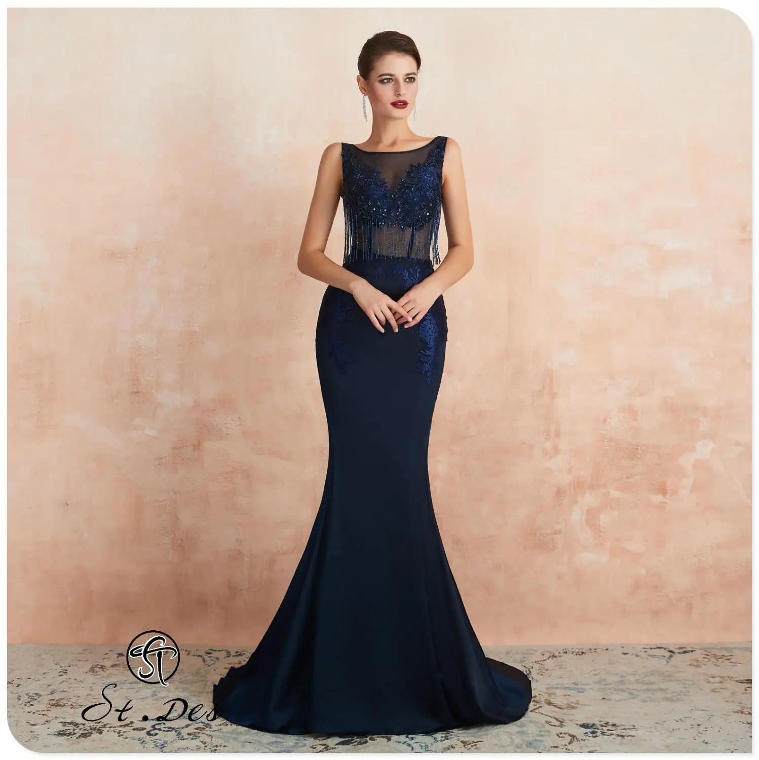 

NEW 2020 St.Des Mermaid V-neck Russian Dark Blue Sequins Beading Sleeveless Elegant Floor Length Evening Dress Party Dress