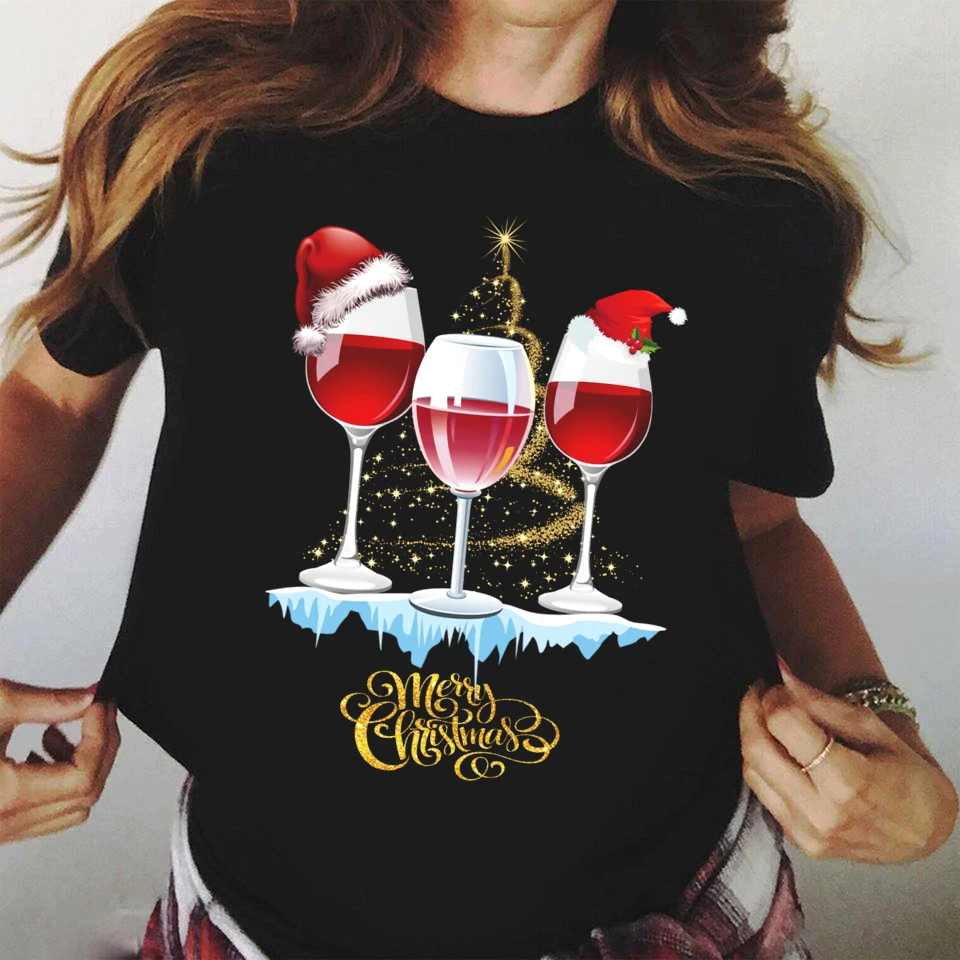 Geschikt Alle Seizoenen Nieuwe Wijn Glazen Kerst T shirt Damesmode Fuunny  Vrolijke T shirt Zwart T shirt Tops kleding|T-shirts| - AliExpress