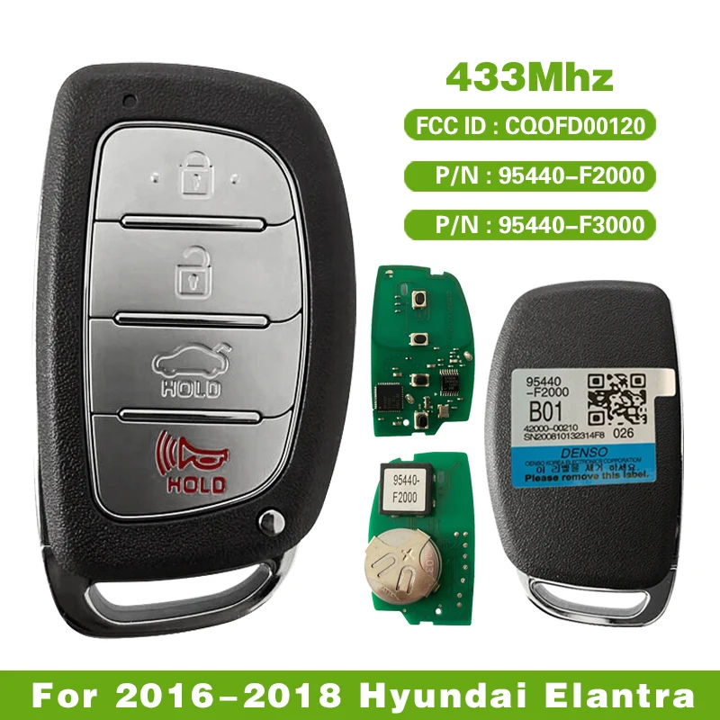 

CN020148 Aftermarket 4 Button For Hyundai Elantra 2016-2018 Smart Car Key Fob 433Mhz P/N 95440-F2000 95440-F3000 CQOFD00120
