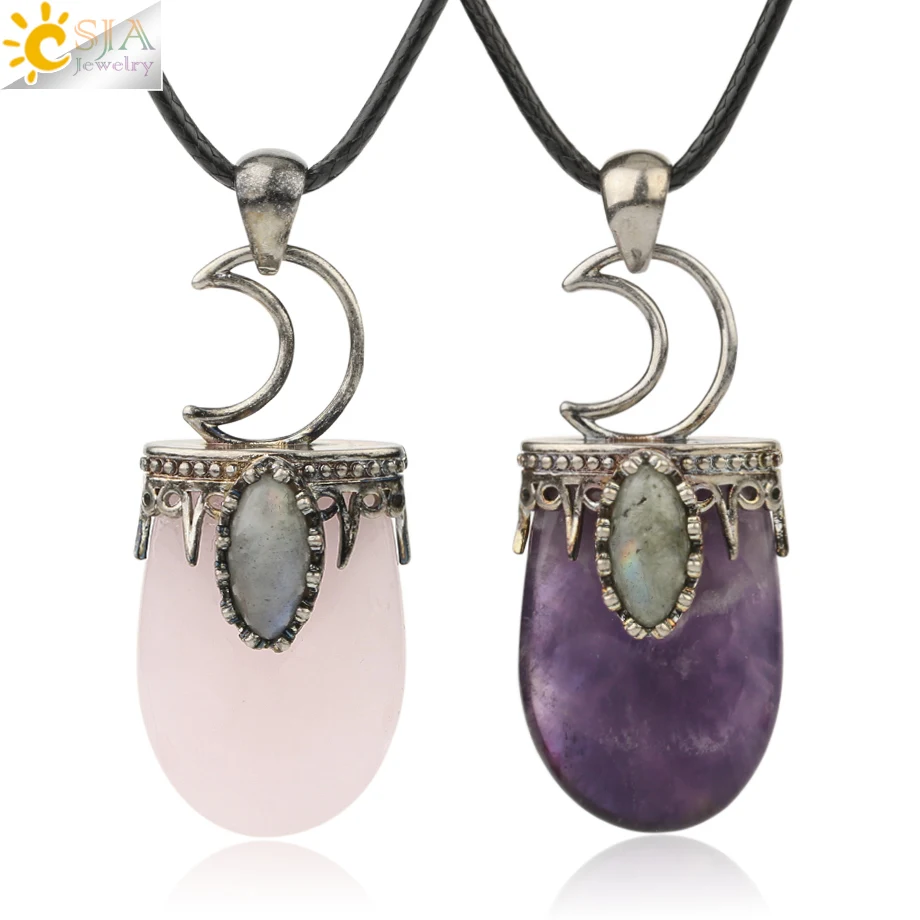 CSJA Natural Stone Crystal Pendants Necklace Antique Silver Color Purple Pink Quartz Necklace Jewelry Crown Moon Charm Gift G274