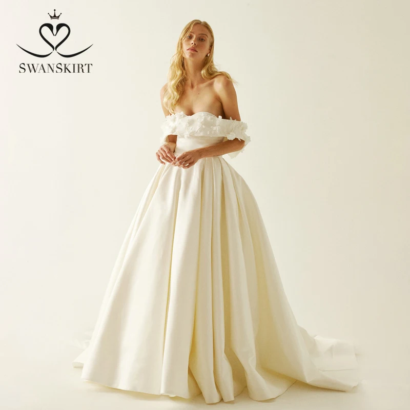 Swanskirt с открытыми плечами платье трапециевидной формы свадебное платье 2019 Винтаж атласная с аппликацией свадебное платье с открытой
