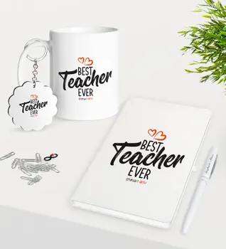 

Personalized Best Teacher Mug Keychain White Notebook Pen Gift Seti-13