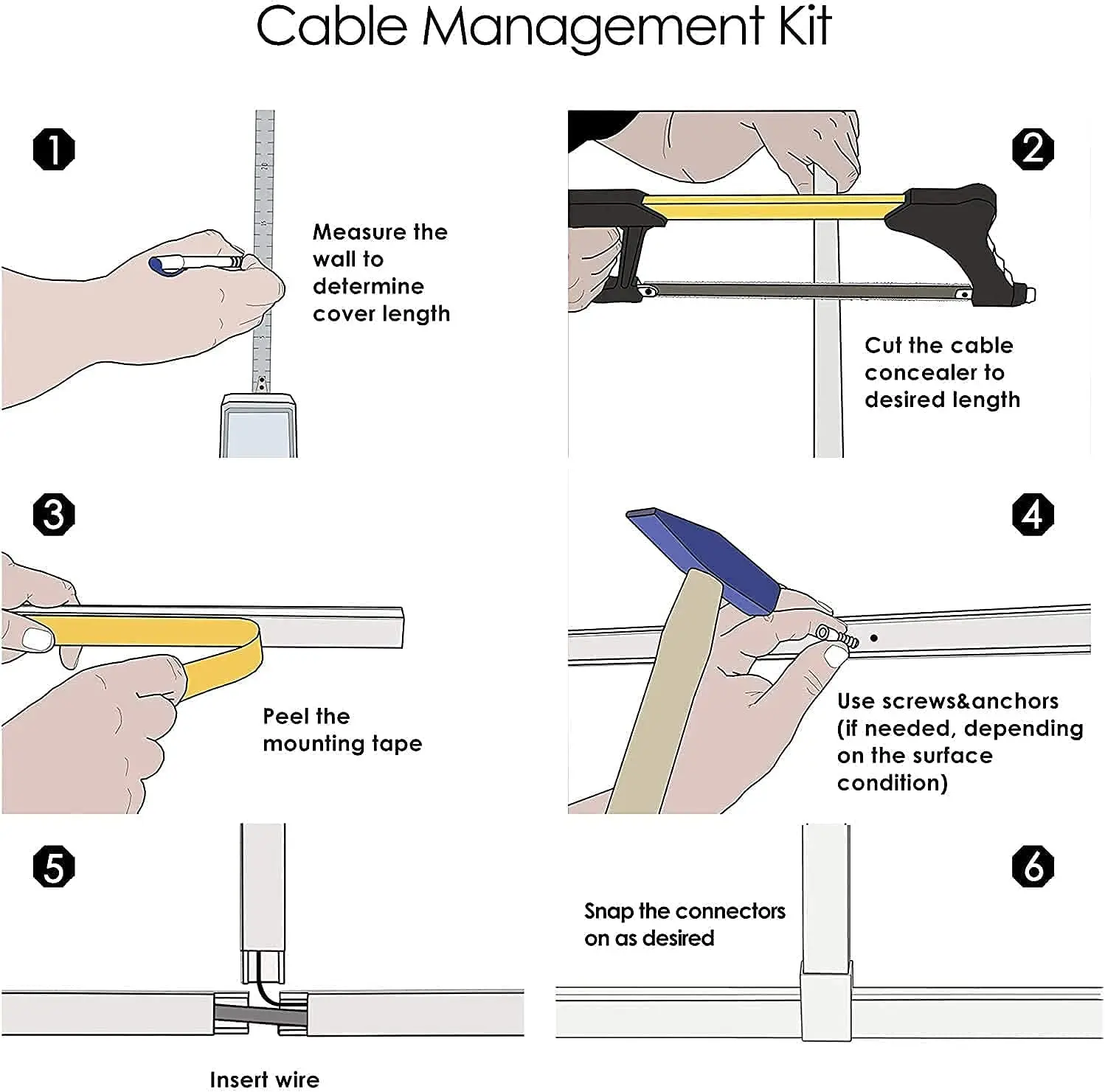 315&rdquo; Cord Cover 24 Pcs Connectors for Max 4 Cables Raceway Concealer Management Kit Wire Hider Organizer at Home and Office
