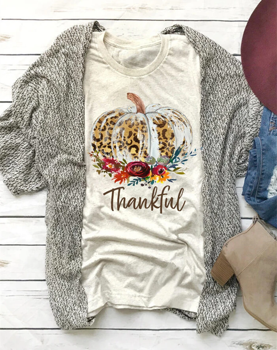 С леопардовым принтом с тыквой футболка Thankful на Хэллоуин высоким берцем Женская