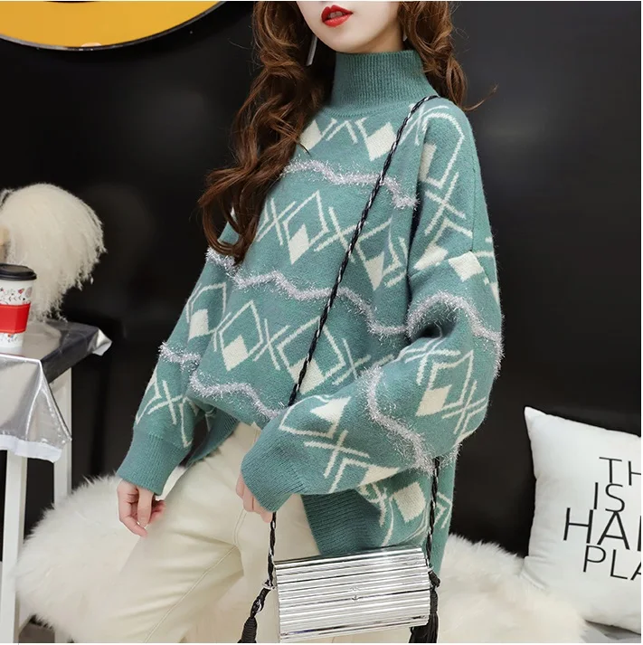 

Obrix Warm Sweet Female Knited Sweater Turtleneck Full Sleeve Loose Assymetric Length Geometric Pattern Pullover For Women