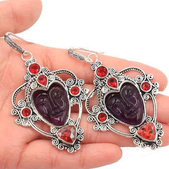 

71x40mm Long Big 35g Goddess Face Amethyst Quartz Red Ruby Party Ladies Silver Earrings