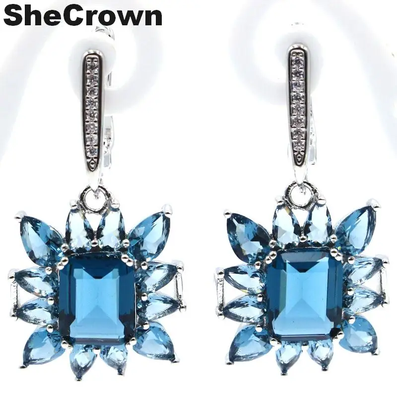 

35x19mm Stunning European Style Created Dark London Blue Topaz CZ Gift For Sister Silver Earrings