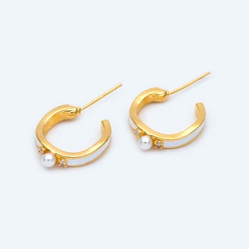 

10pcs CZ Paved White Enamel Ear Post 17mm, Real Gold Plated Brass Ear Stud (GB-1474-1)