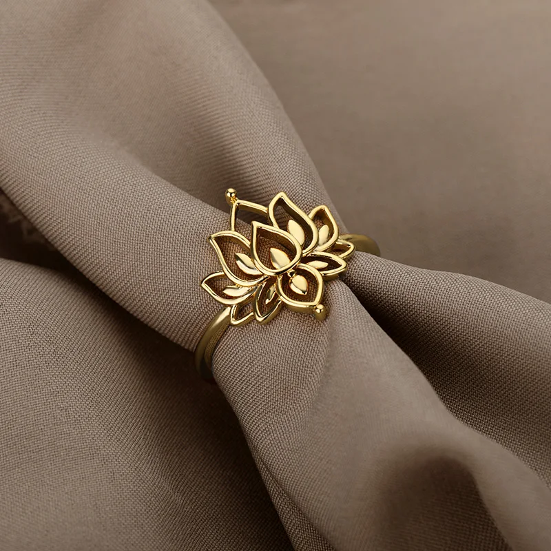 Stainless Steel Rings For Women Vintage Gold Lotus Flower Ring Men Moon Sun Opal Stone Ring Wedding Couple Rings Femme Jewelry