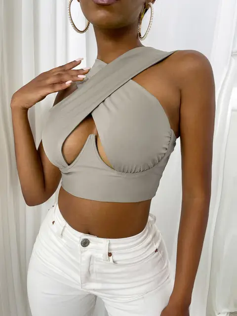 Women's Criss Cross Tank Tops Sexy Sleeveless Solid Color Cutout Front Crop Tops Party Club Streetwear Summer Lady Bustier Tops 72B Grey