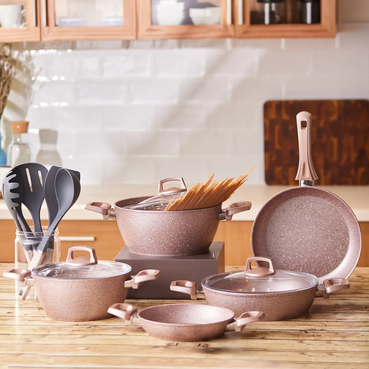 Emsan Brava Pro Pink 13 Piece Granite Cookware Set - AliExpress