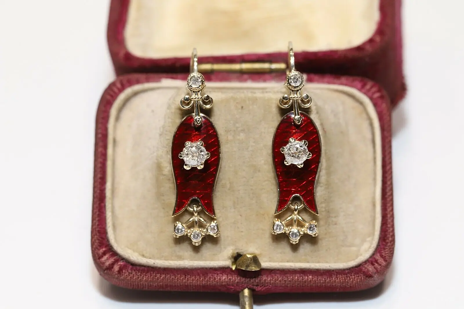 

ANTIQUE VICTORIAN STYLE NEW MADE 14K GOLD NATURAL DIAMOND ENAMEL EARRING