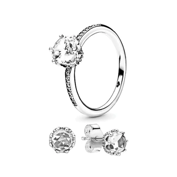 

2020 New High Quality 100% 925 Original 1:1 Transparent Bright Crown Pin Earrings Ring Mother's Day Fashion Jewelry Gift Set