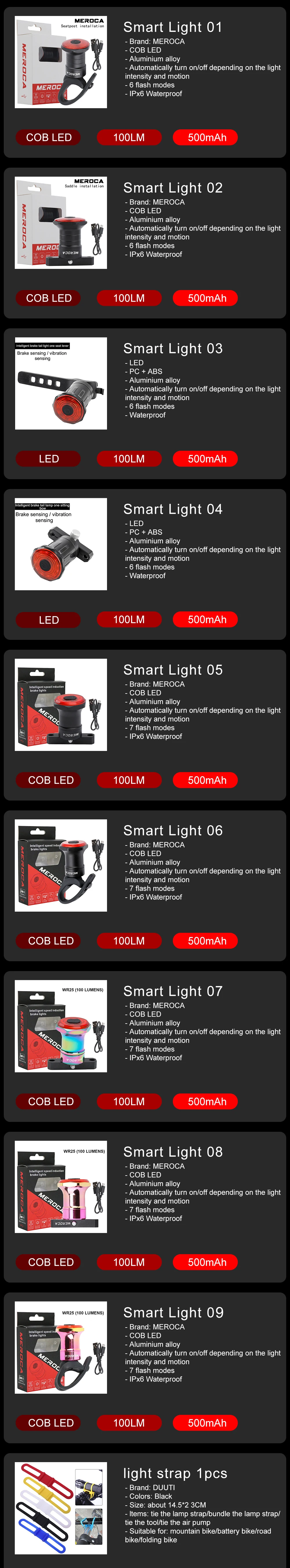 MEROCA Rear Light Bicycle Smart Sensor Brake Tail Light Rechargeable Lamp Taillight MTB Bicycle lantern Cycling Bike Accessories