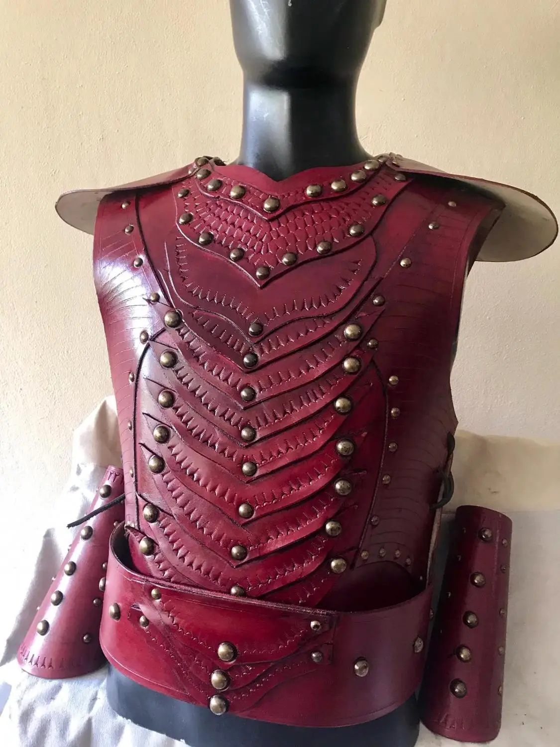 

Leather Warrior Armor Belt Bracers Set Costume Claret Red Ottoman Turkish Warrior Armor
