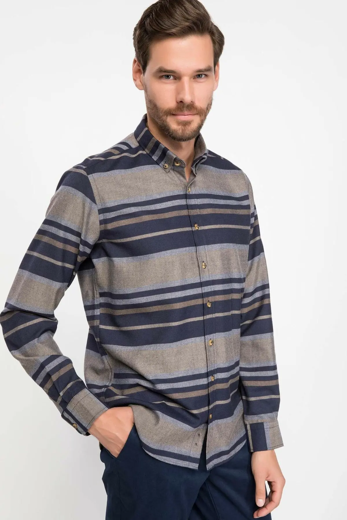 

DeFacto Autumn Fashion Man Lapel Long Sleeve Shirt Men's Casual High Quality Striped Blousers Male Loose Shirts -J1530AZ18WN