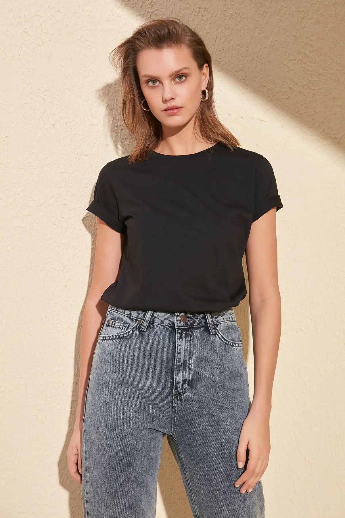 Trendyol Women 100% Cotton Single Jersey Radsport-Ausschnitt Basic Strick-T-Shirts Active Wear New In Women Clothing cb5feb1b7314637725a2e7: Black|White
