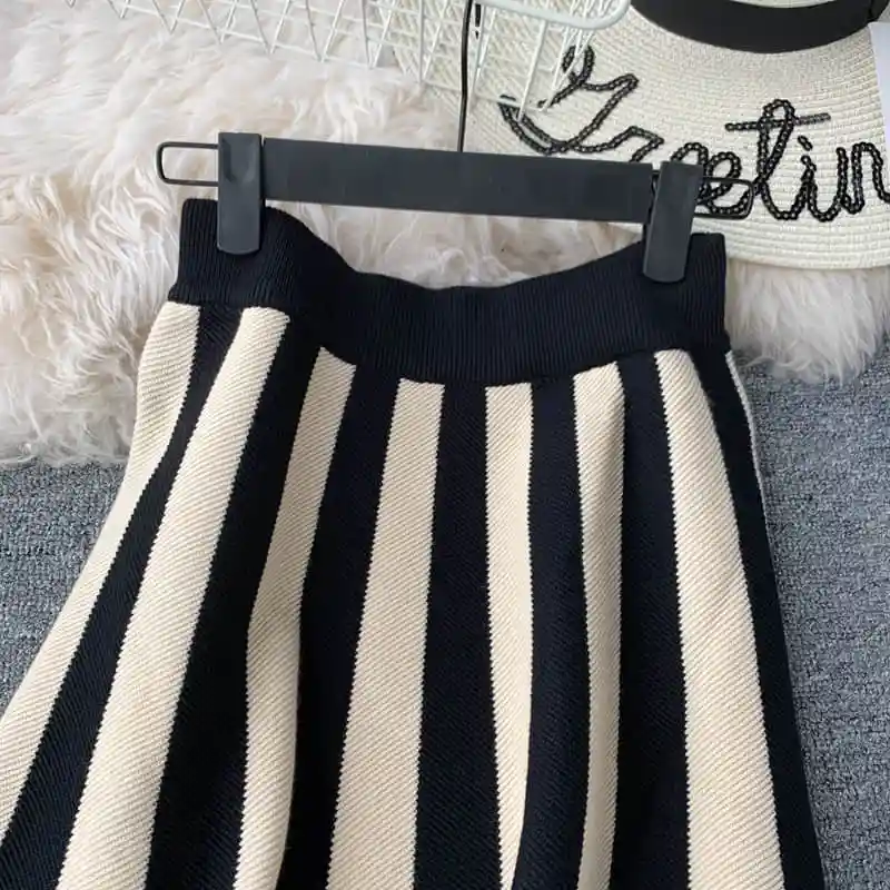 Новое поступление, женские юбки в черно-белую полоску, европейский стиль Хепберн, винтажная юбка, элегантная юбка миди, вязаная юбка в полоску