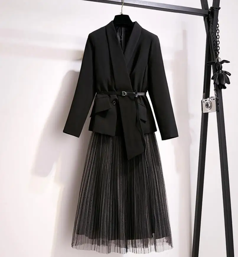KoHuiJoo, Осенний Женский блейзер, юбка, костюм, женский, элегантный, модный, с поясом, черный блейзер с сеткой, юбка, наборы, 2 предмета, черный