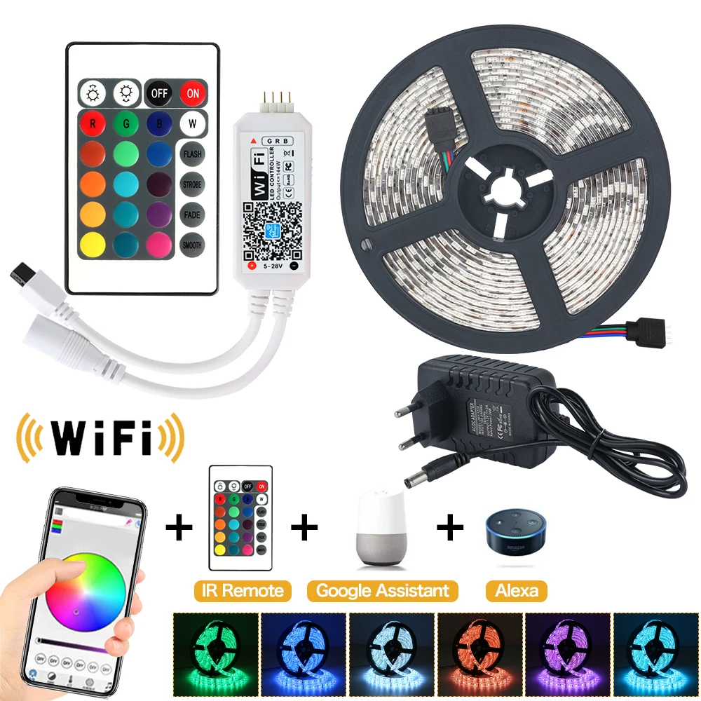 Wifi светодиодный светильник 5 м 10 м SMD RGB 2835 5050 диодный светодиодный ленточный Водонепроницаемый wifi светодиодный пульт дистанционного управления с адаптером