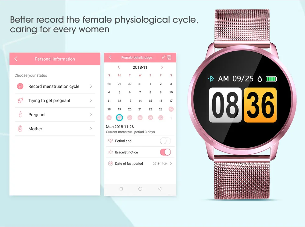 Розовые Смарт-часы Q8 Plus, OLED цветной экран, умные часы для женщин, модный фитнес-трекер, монитор сердечного ритма, браслет для ios andriod